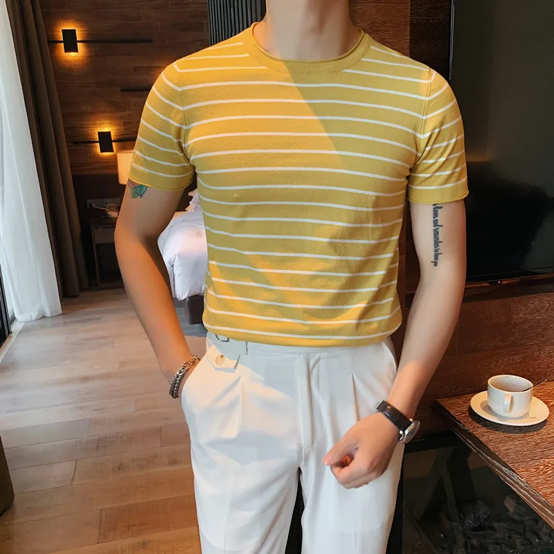 

British Style Summer Short Sleeve Striped T Shirts for Men Clothing 2021 Fashion O-Neck Casual Slim Fit Knitted Tee Shirt Homme