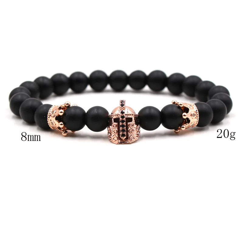 

Charm Matte Black 8mm Natural stone bead Bracelets Pave CZ Knight helmet bracelet for Men&Women charm Handmade Jewelry Gift 2020