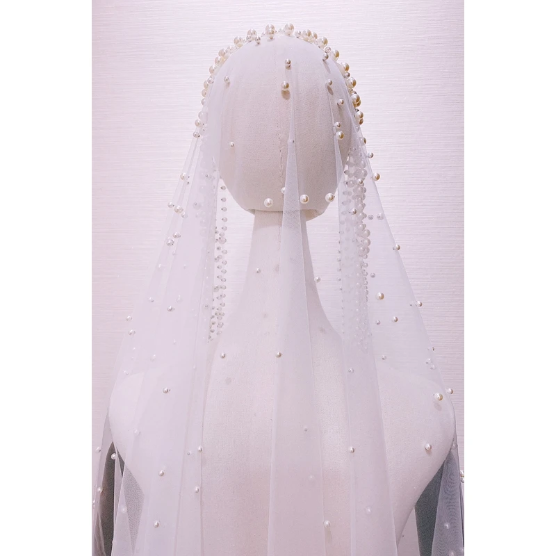 

Romantic 3m Trailing Cathedral Wedding Veil One-Layer Mesh Face Cover Imitation Pearl Beading Jewelry Bridal Headpiece