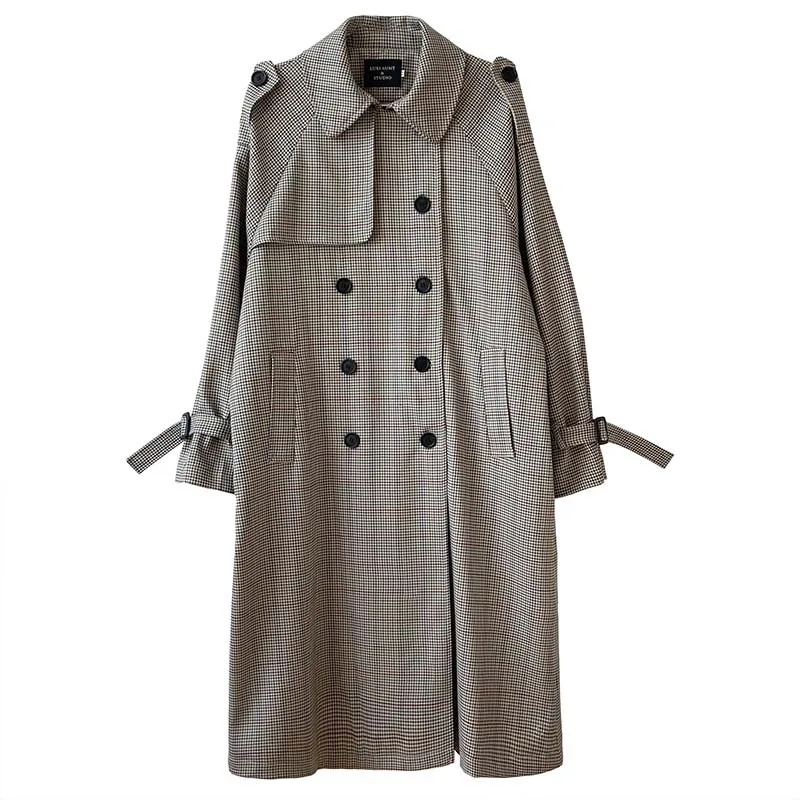 

TVVOVVIN Fashion Lattice Mid-length Windbreaker Women's Spring New Double Breasted Lapel Spliced Sashes Coat NOG2