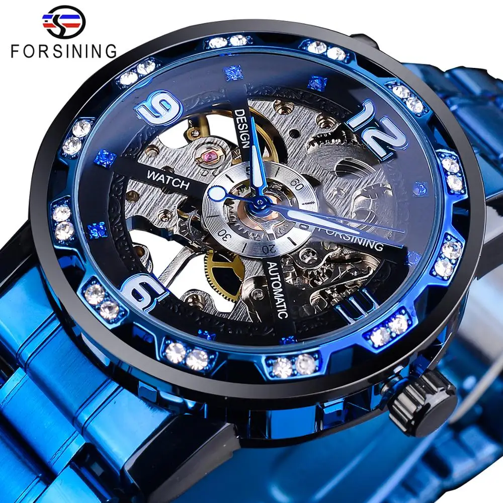 Forsining Fashion Blue Diamond Skeleton Men Mechanical Watch Stainless Steel Luminous Hands Wristwatch Casual Business Clock
