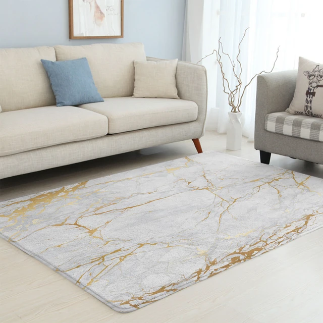 BlessLiving Marble Center Rug Golden White Stylish Living Room Carpet Modern Bedroom Carpet Anti-slip Realistic Tapis Chambre 2
