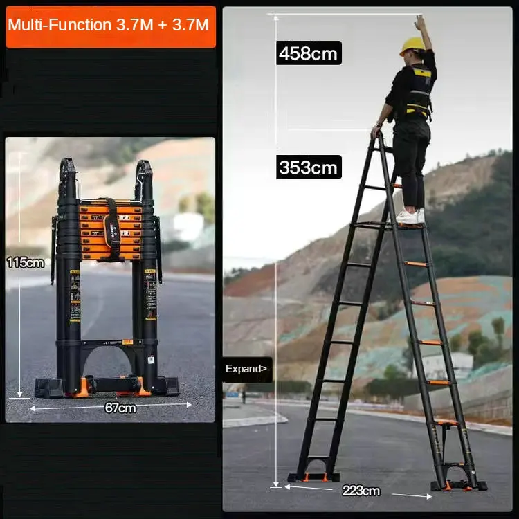 3.7*3.7M multifunctional foldable deformable telescopic aluminum alloy herringbone/I-shaped ladder/straight ladder anti-tilt