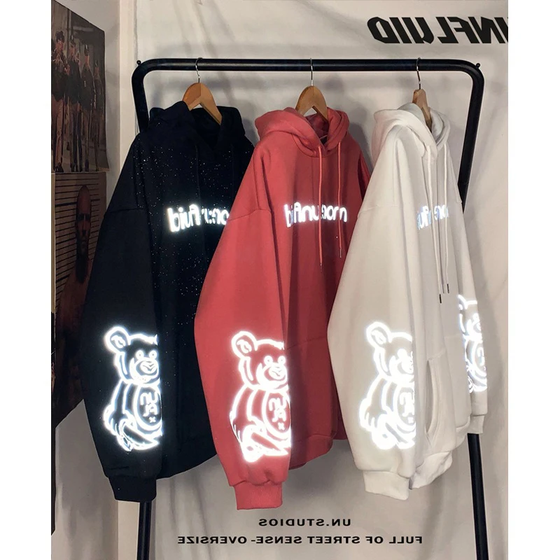 Светоотражающие толстовки с принтом медведя Мужская модная толстовка капюшоном