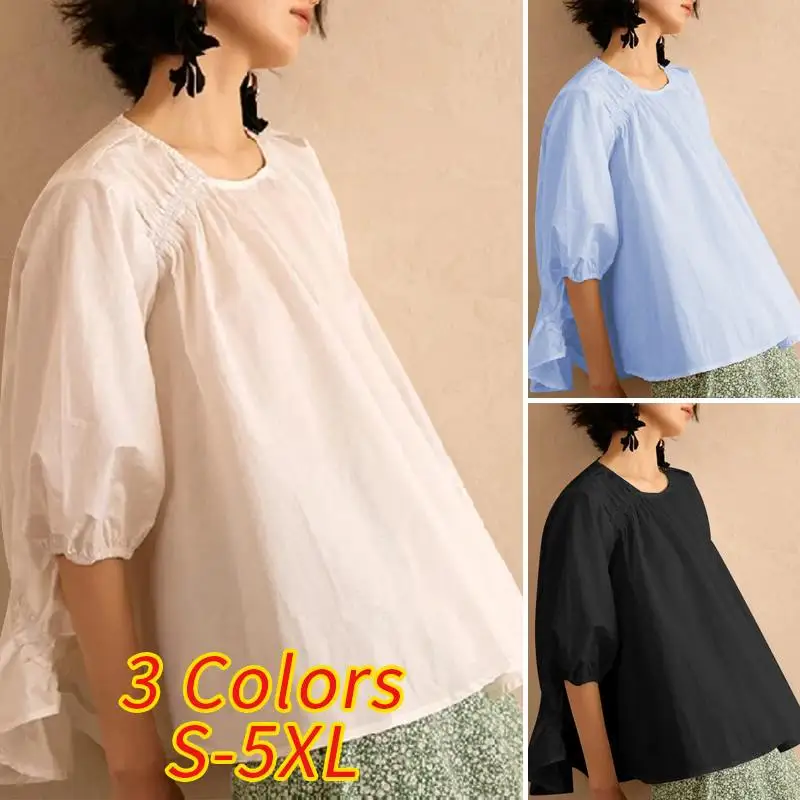 

Women Solid Color Tops Casual Blouse vintage 3/4 Sleeve Female Sexy Asymmetric Blouse 2021 VONDA Plus Size Women'Tunic Femininas
