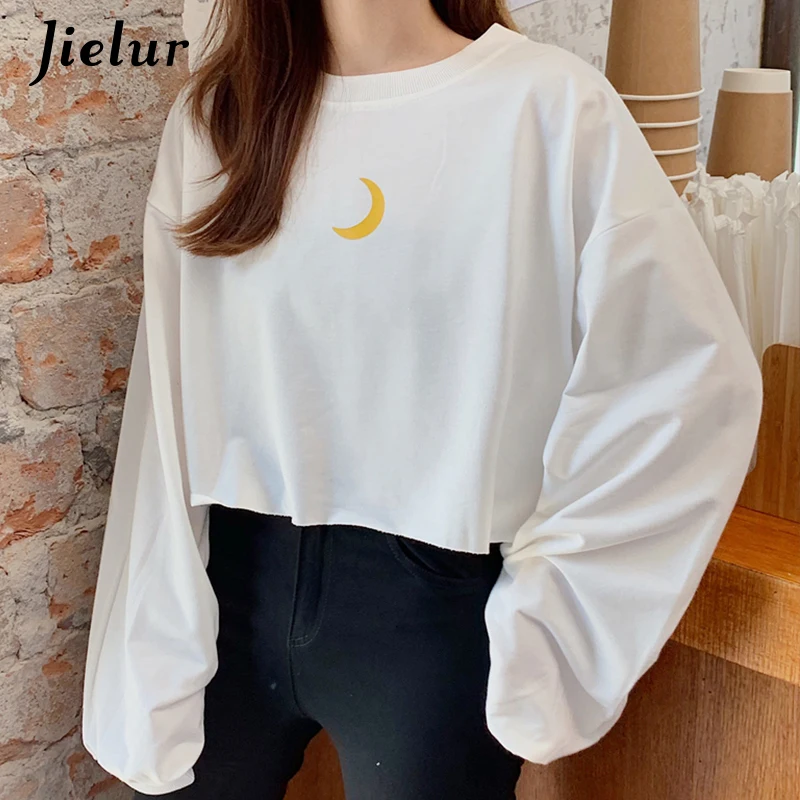 

Jielur New Moon Print Korean T-shirt Women Loose Thin Short Top Black White Pink Cute Girls T shirts Chic Cropped Hoody Pullover