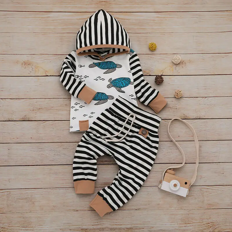 2PCS Clothes Set for Baby Boys Print Long Sleeve Hooded Sweater Turtle Tortoise Hoodies Outfit Striped Long Pants 0-24M