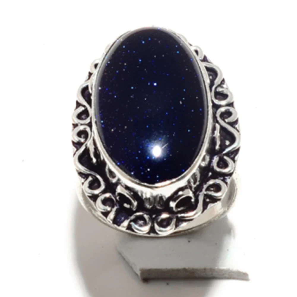 

Genuine Blue Sunstone Ring Silver Overlay over Copper, Hand Made Women Jewelry gift , USA Size : 8.75