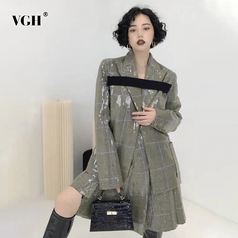 

VGH Casual Two Piece Sets For Women Lapel Long Sleeve Blazers High Waist Irregular Hem Mini Skirts 2021 Females Colorblock Suits