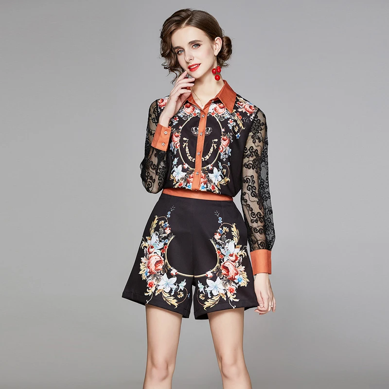 

Runway Fashion Lace Patchwork Lantern Sleeve Shirts Women's Shorts Suits Floral Print Tops And Summer Lady Shorts Two Pieces Set