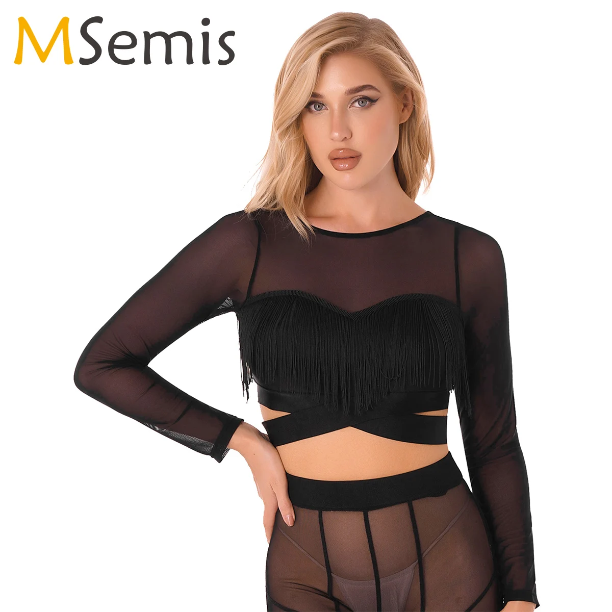 

Belly Dance Fringe Crop Top Womens Girls Mesh Long Sleeve Tassel T-shirt Sexy Pole Dancing Party Clubwear Rave Festival Costume