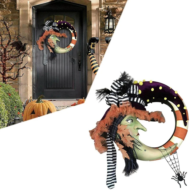 

Венок с Луной и кленовыми листьями на Хэллоуин, креативная висячая гирлянда с ведьмой, луной, дверью и окном, декор для Хэллоуина, фестиваля