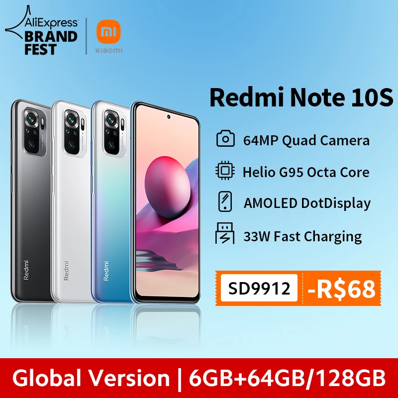  Xiaomi Redmi Note 10S 6/128GB смартфон 64 мегапиксельная четырехъядерная камера Helio G95 6,43 "AMOLED DotDisplay 5000 мА/ч, 33 Вт 