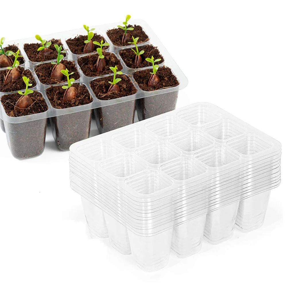 

10 Pcs Garden Reusable Transparent Plastic Seedling Starter Growth Germination Tray With 12 Holes Nursery Post Home Garden Tools