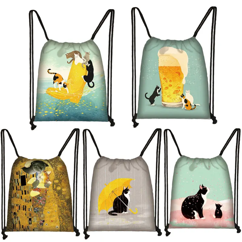Сумка на шнурке для женщин с 3D принтом пива женский рюкзак желтого цвета котом