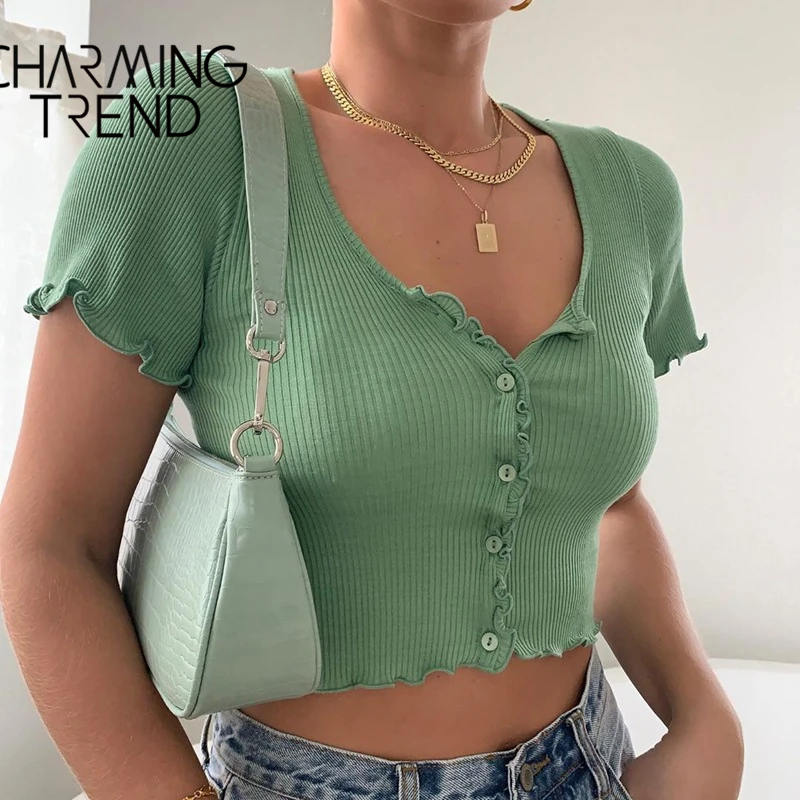 

Кроп-Топ женский с V-образным вырезом, милая и сексуальная однотонная простая футболка в рубчик с коротким рукавом, на пуговицах, лето 2020