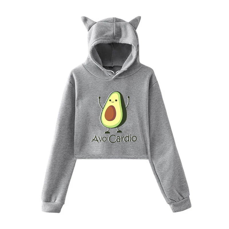Cute Avocado Printed Women Hoodies Fashion Cat Ear Ladies Pullover Sweater Teenager Girls Casual Cropped Tops