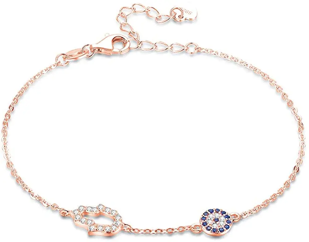 

Женский браслет «Рука Фатимы» Hamsa, регулируемая цепочка из серебра 925 пробы с синим кубическим цирконием, 6,5 + 1,5 дюйма