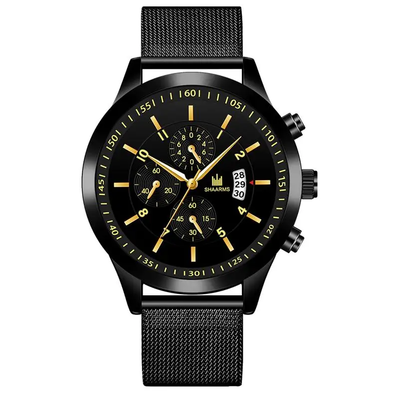 Мужские часы SHAARMS 2020 кварцевые наручные с золотым сетчатым браслетом мужские