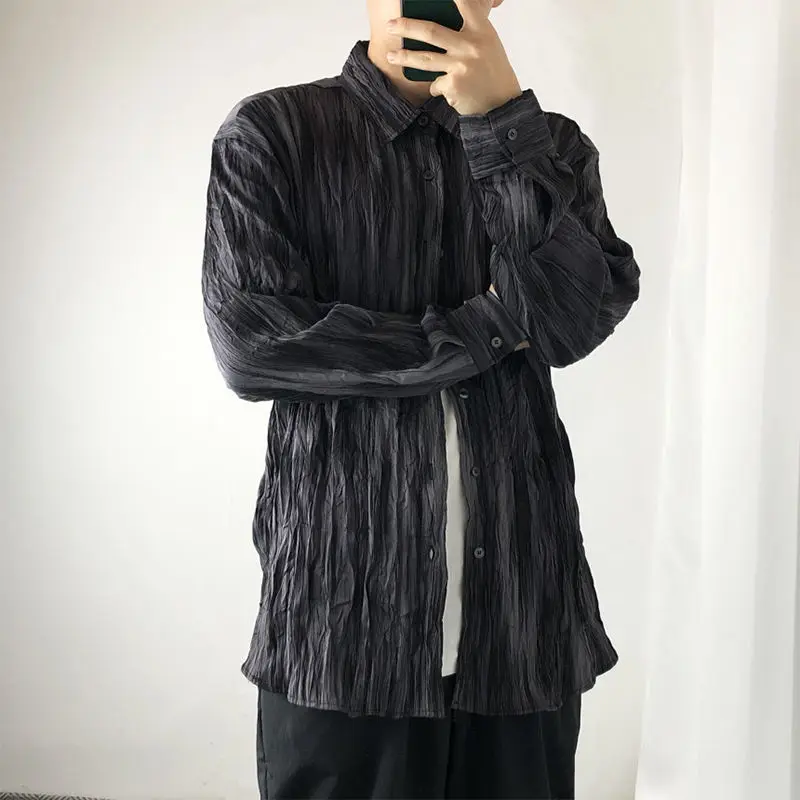 

Solid Color Pleated Shirt Men Korean Fashion Loose Casual Shirt Men Harajuku Streetwear Retro Social Long-sleeved Shirt Men