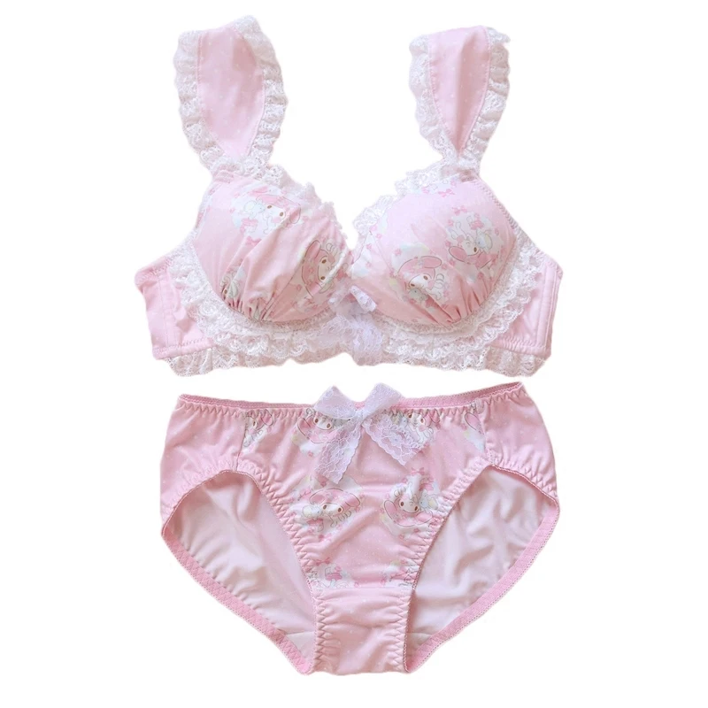 Soft Girl Cartoon Underwear Set Japanese Sweet Lolita Anime Cute Lace Bow Rabbit Ears Bra & Panties Set Pink Intimates Set