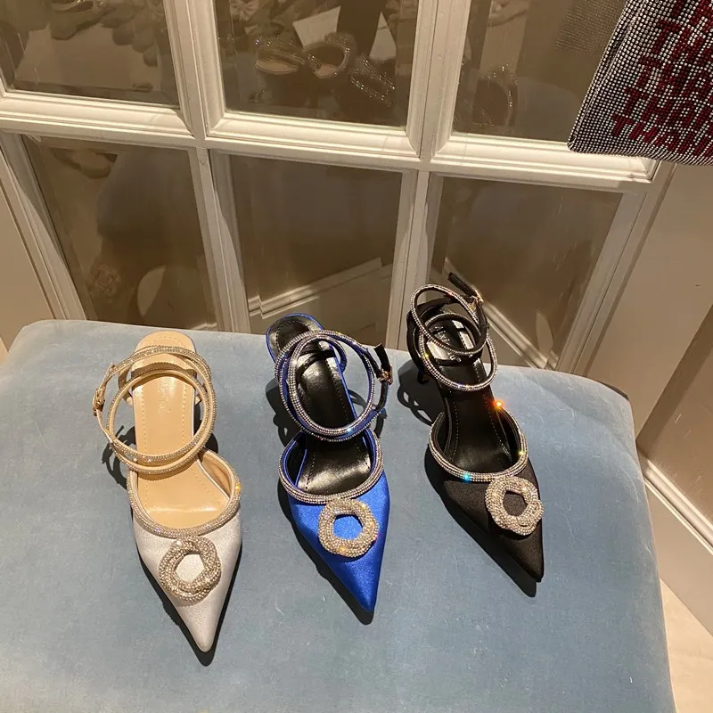 

Sandals Stiletto Heels Black Shoes for Women 2021 Summer High Beige Rhinestone Girls New Fashion Comfort Pointed Rome Crystal Ba