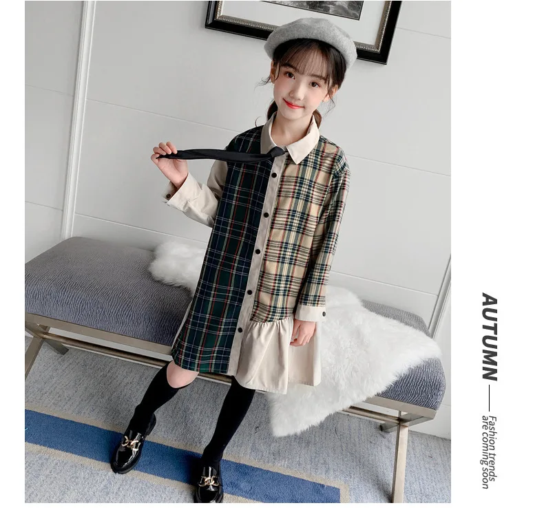Платье для девочек клетчатый Топ с длинным рукавом модная Осенняя детская одежда