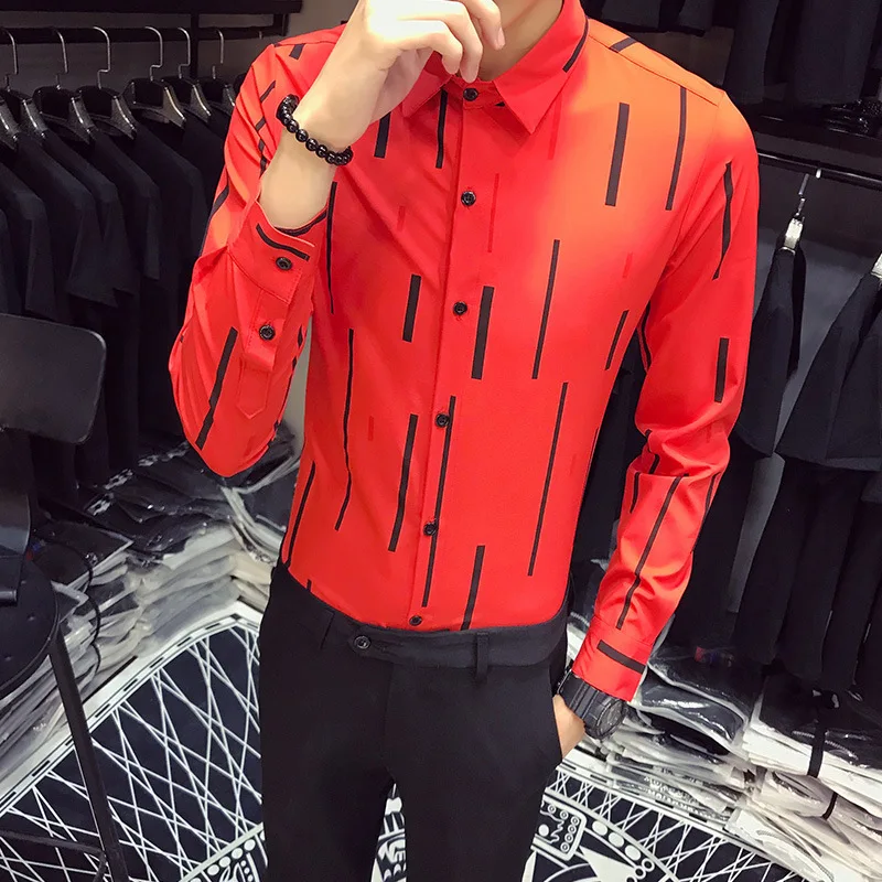 Полоса печати Для мужчин Модная рубашка с длинным рукавом Slim Fit деловая