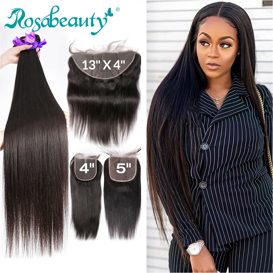 Rosabeauty 8-28 30 32 дюймов бразильские человеческие волосы плетение Remy Натуральные Прямые 3 4 пряди с 5x5 закрытие шнурка и 13x4 фронтальная