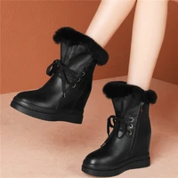 fashion sneakers women genuine leather wedges high heel pumps shoes female round toe warm snow boots lace up high top creepers