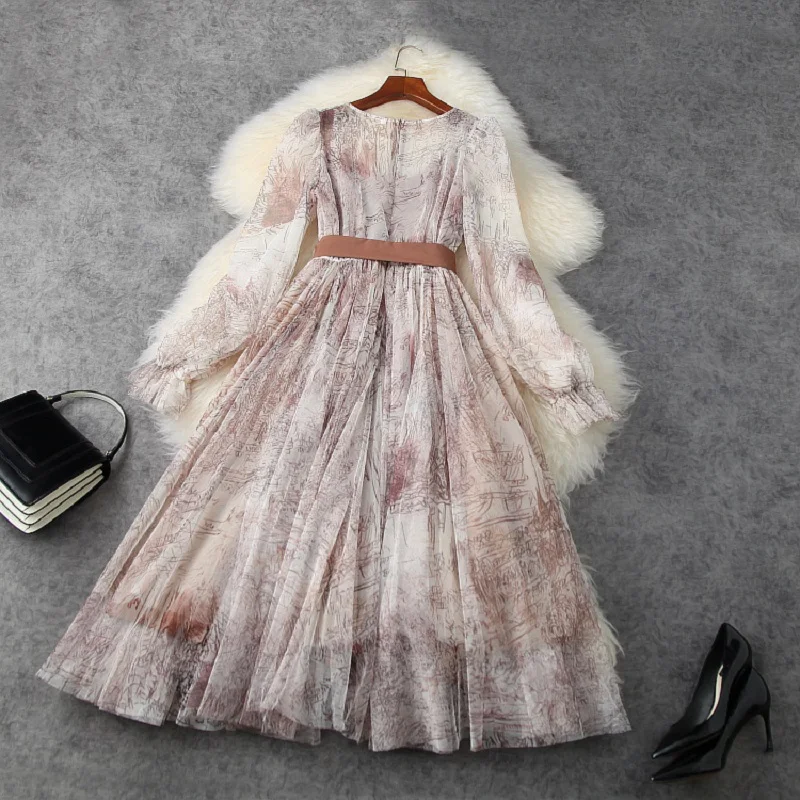 

2021 new spring Runway girl print dress princess Casual long Lace party Women Vintage Long sleeve on vacation summer dresses