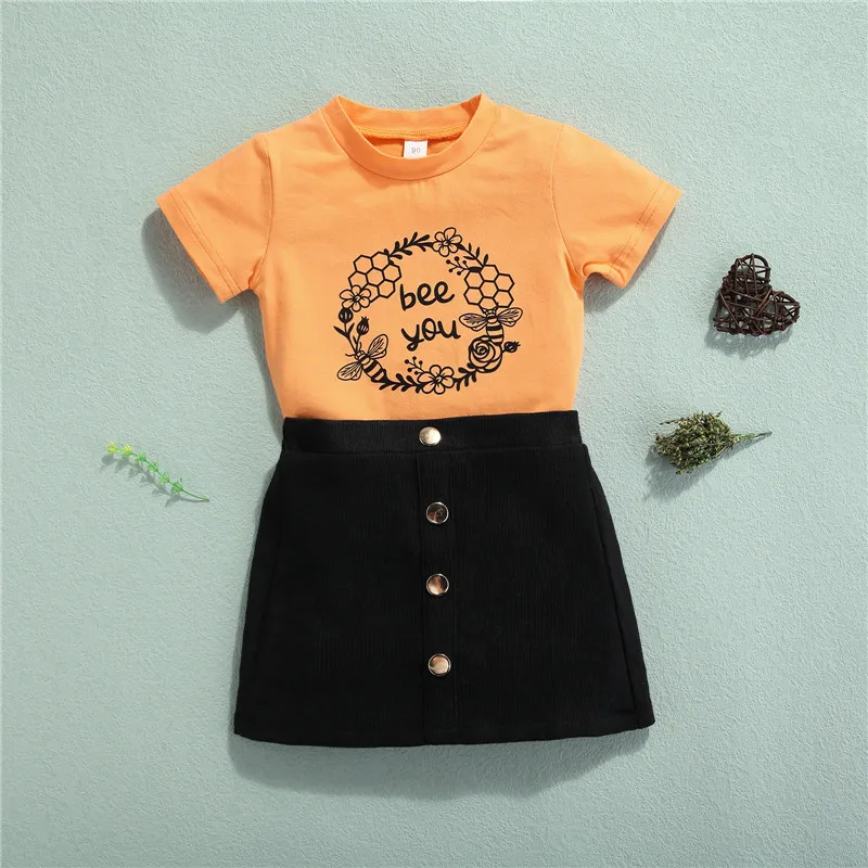 

2Pcs Toddler Girls Summer Clothes, Short Sleeve Wreath Letter Print Tops + Skirt Set Kids Girls Summer Fashion Outfits Set