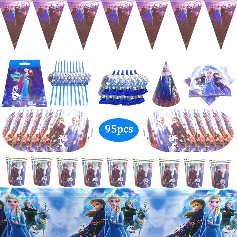 

95pcs Disney Frozen2 Elsa & Anna Theme Birthday Party Decorations Disposable Tableware Peper Cup Plate Baby Shower Gift Supplies