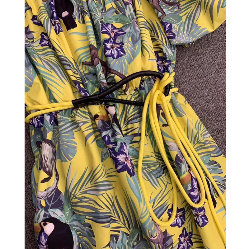 

women puff sleeve long dresses with belt yellow blue flower printed runway dress