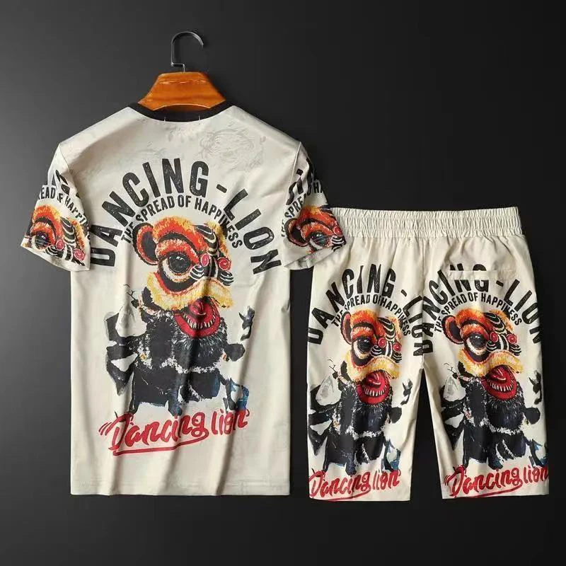 

2021 summer new men's color ice silk short-sleeved shorts suit fashion self-cultivation trend personality two-piece men