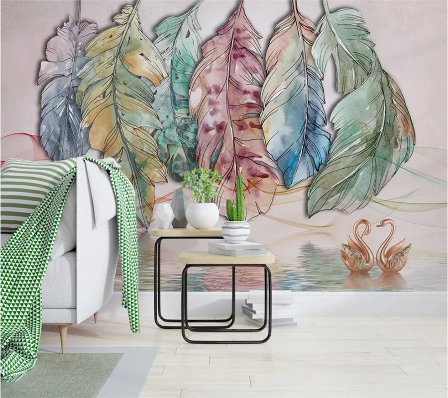 beibehang Custom wallpaper 3d Nordic minimalistic abstract watercolor feather line swan art background wall paper papier peint |
