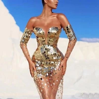 women summer dress maxi runway dress 2021 sequin bodycon dress sexy one shoulder celebrity club night party dress