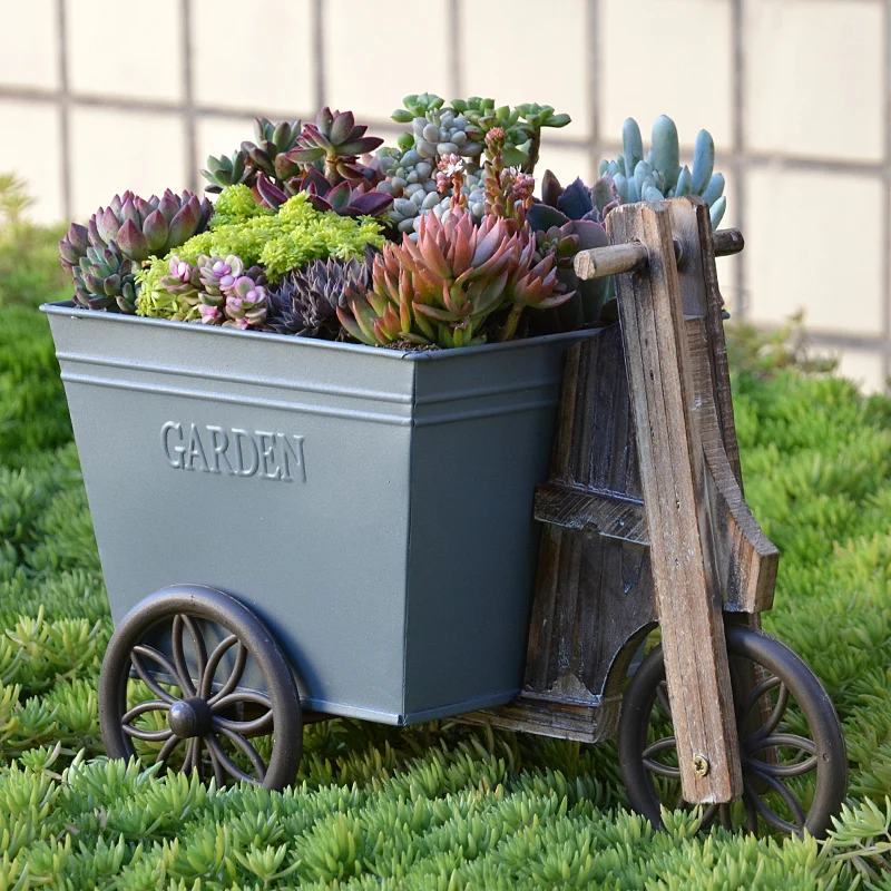

Retro Grey Iron Wooden Wheel Trolley Flower Pot European Home Garden Decor Blue Yellow Small Handcart Flower Plant Tub