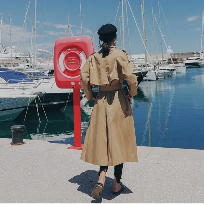 

2020 Fall /Autumn Casual Double Breasted Simple Classic Long Trench Coat With Belt Elegant Khaki Chic Female Windbreaker Y168