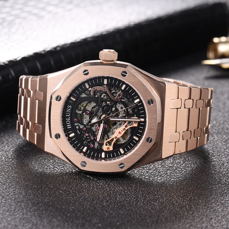 HOLUNS Automatic Mechanical Watches Full Stainless Steel Hollow Skeleton Wristwatch Waterproof Sapphire Watch Gifts For Men