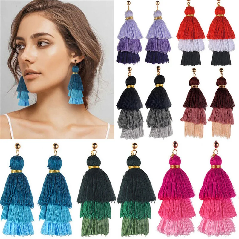 

2021 Ethnic Style Gradient Color Tassel Dangle Earrings for Women Party Charm Jewelry Wedding Earring