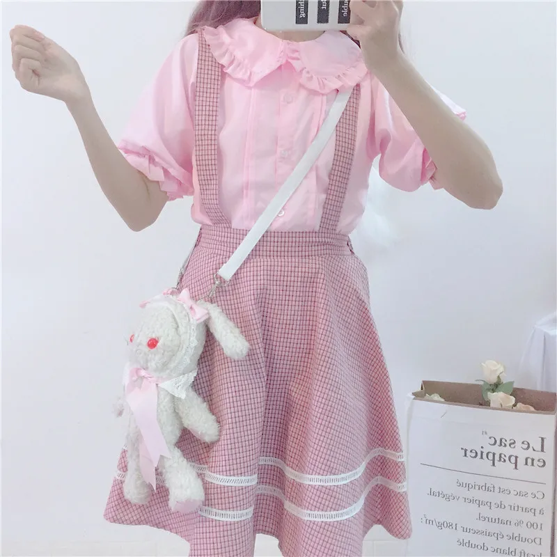 

2021 Summer Women Lolita Style Chiffon Blouse Peter Pan Collar White Black Pink Cute Blusas Short Sleeve Kawaii Mori Girl Shirt