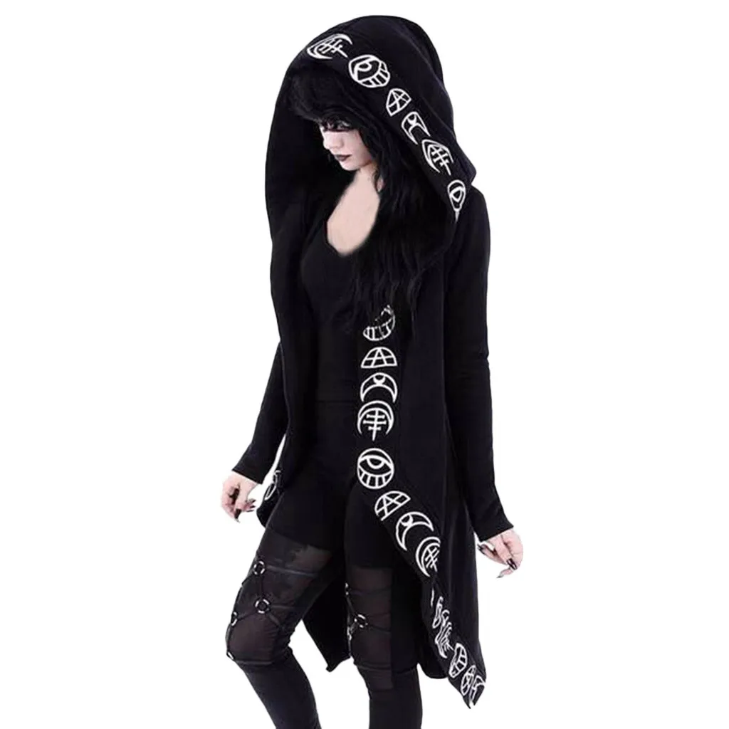 Female Jacket Hot print cardigan Black Long Sleeve Punk Moon Print Hooded Cardigan Coat Plus Size for Women cosplay 9.3 | Женская одежда