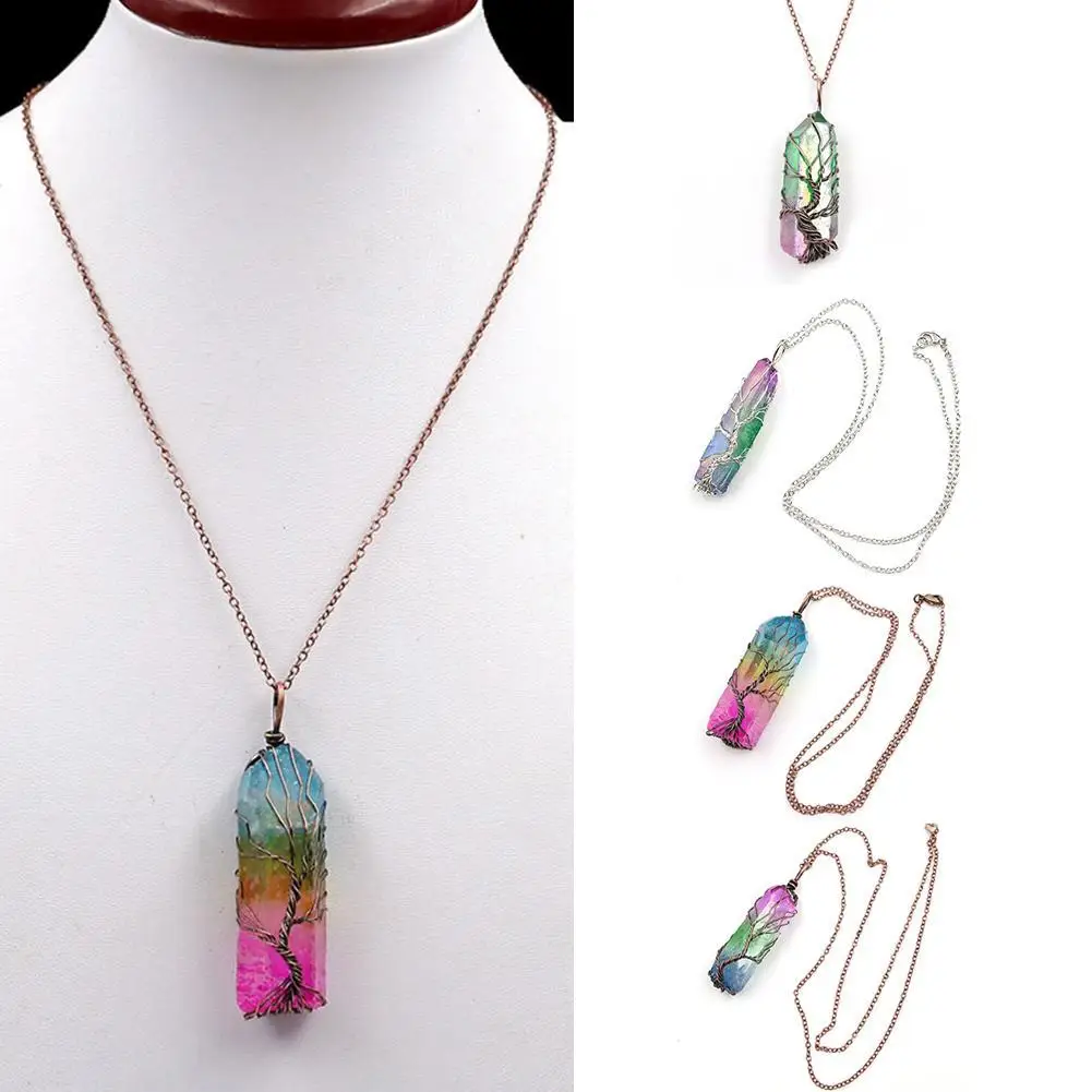 Natural Stone Rainbow Quartz tree of life Pendant Necklace Women Men Pendulum Reiki Healing Chakra Boho Jewelry Colorful