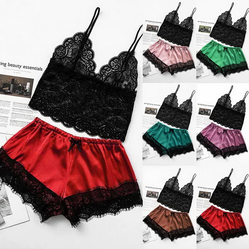 

CALOFE Sexy Lace Women Pajamas Thin Section Lingerie Blackless Fashion Pyjamas V-Neck Camisole Shorts Set Clothes Nightwear 2021