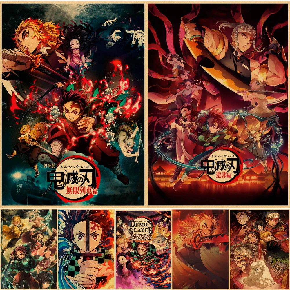

Japanese Anime Demon Slayer Poster Cartoon Kraft Paper Vintage High Quality Kimetsu No Yaiba Wall Sticker Decoration Painting