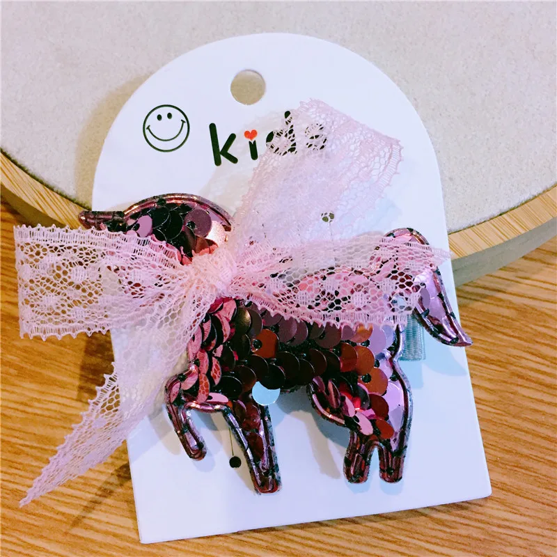 Двухцветная заколка для волос с бантом и блестками в виде единорога заколки