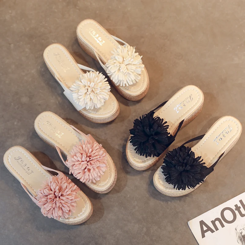 

Shoes House Slippers Platform On A Wedge Luxury Slides Summer Clogs Woman Rubber Flip Flops Heeled Mules Flower Pantofle Designe