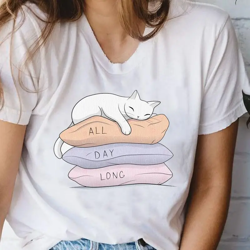 

Women T-shirts Cat Sweet Lovely Clothing Fashion Cartoon Stylish Print Female Graphic T Top Female O-neck Shirt Tee T-Shirt