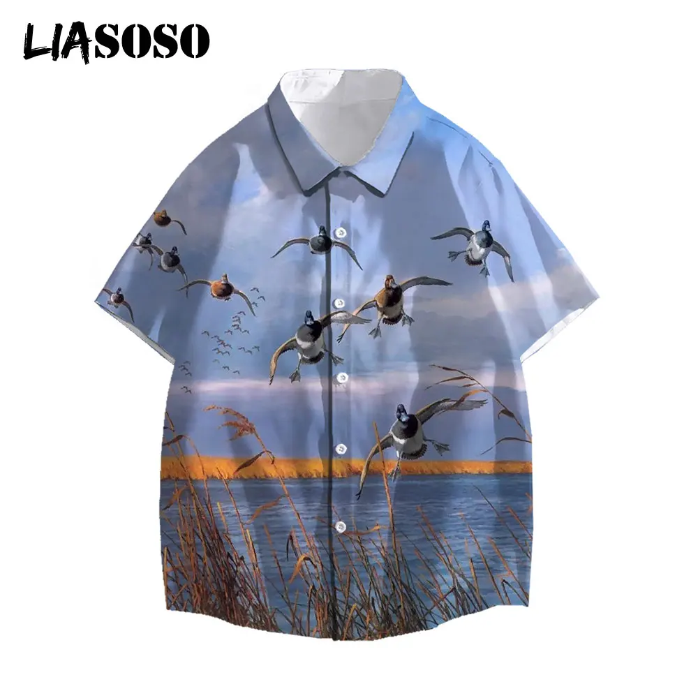 

LIASOSO 2021 Men Women 3D Print Short Sleeve Casual Shirts Streetwear Beach Hunting Wild Duck Animal Hawaiian Shirts Retro Tops